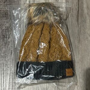 New Panache Mustard and Black Knit Hat with Faux Fur Pom